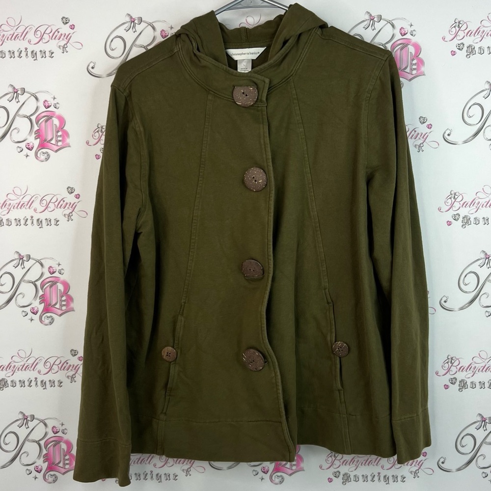 Christopher & Banks jacket coat cardigan buttons wooden Khaki Utility Jacket
